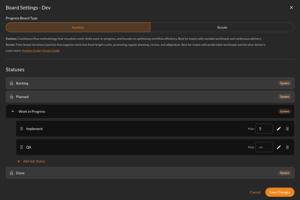 Board Settings with Kanban selected, showing Backlog, Planned, Work in Progress, and Done