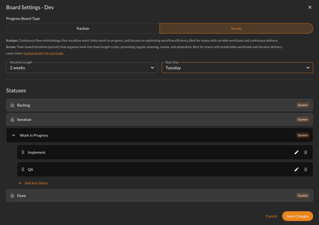 Board Settings with Scrum selected, showing iteration length, start day, and Iteration Backlog column