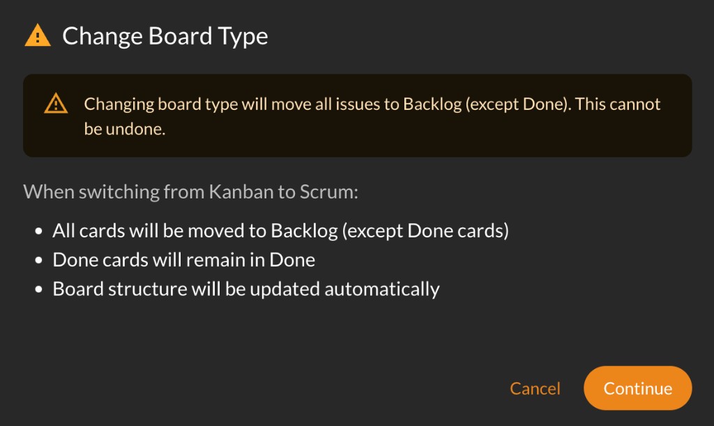 Warning dialog when changing board type between Kanban and Scrum