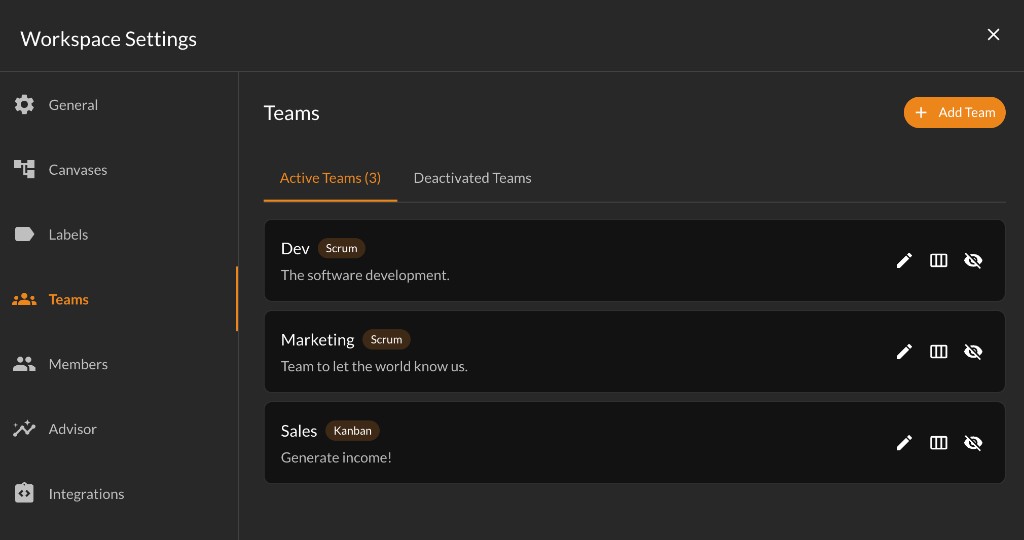 Workspace Settings Teams tab with the board settings icon on a team row