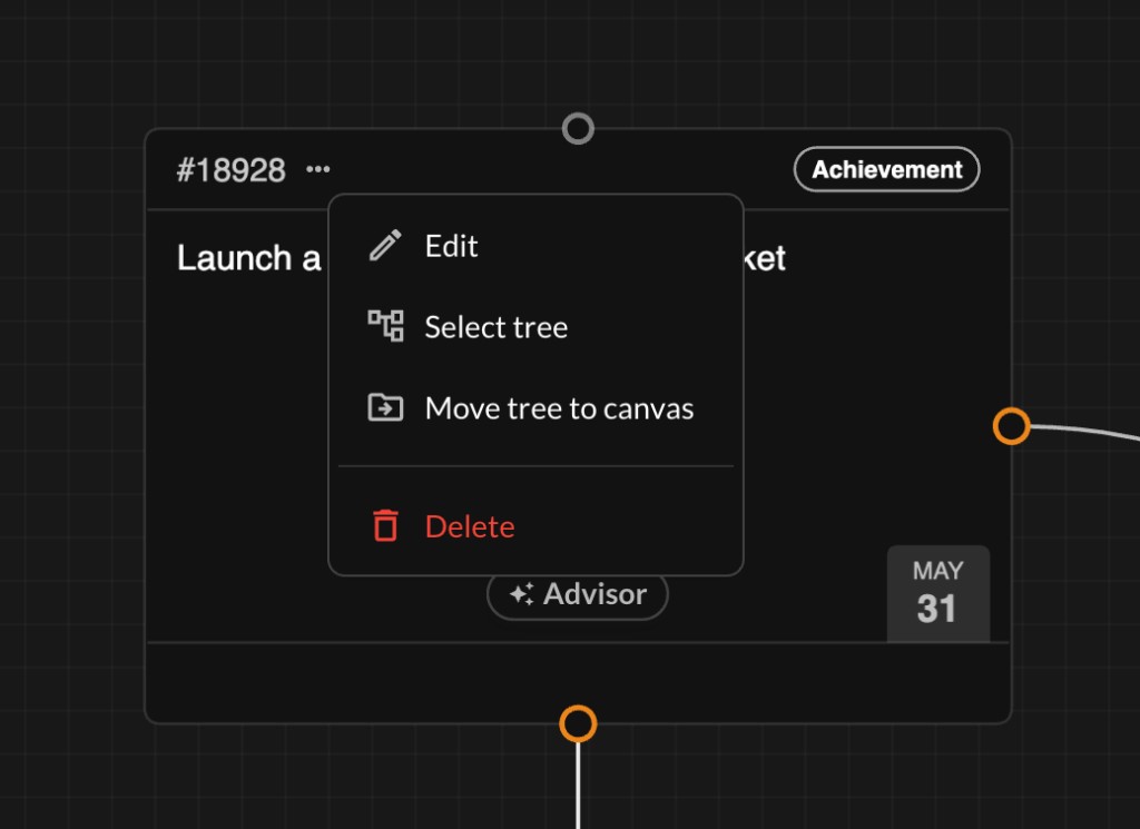 Card more menu showing Edit, Select tree, Move tree to canvas, and Delete