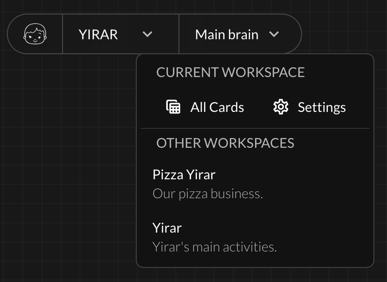 Workspace switcher menu with All Cards, Settings, and other workspaces