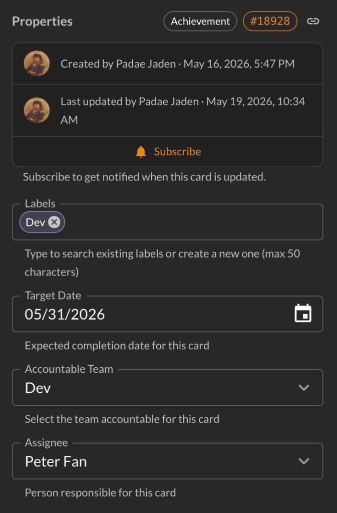 Properties pane with Subscribe, labels, target date, accountable team, and assignee