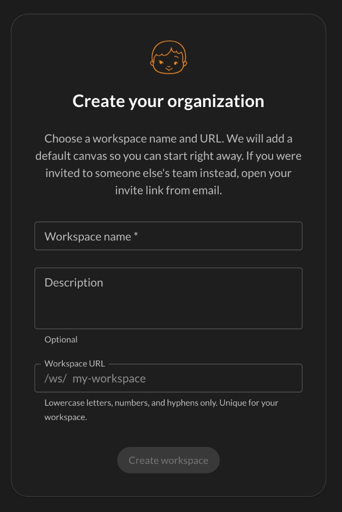 Create your organization form with workspace name, optional description, and workspace URL fields
