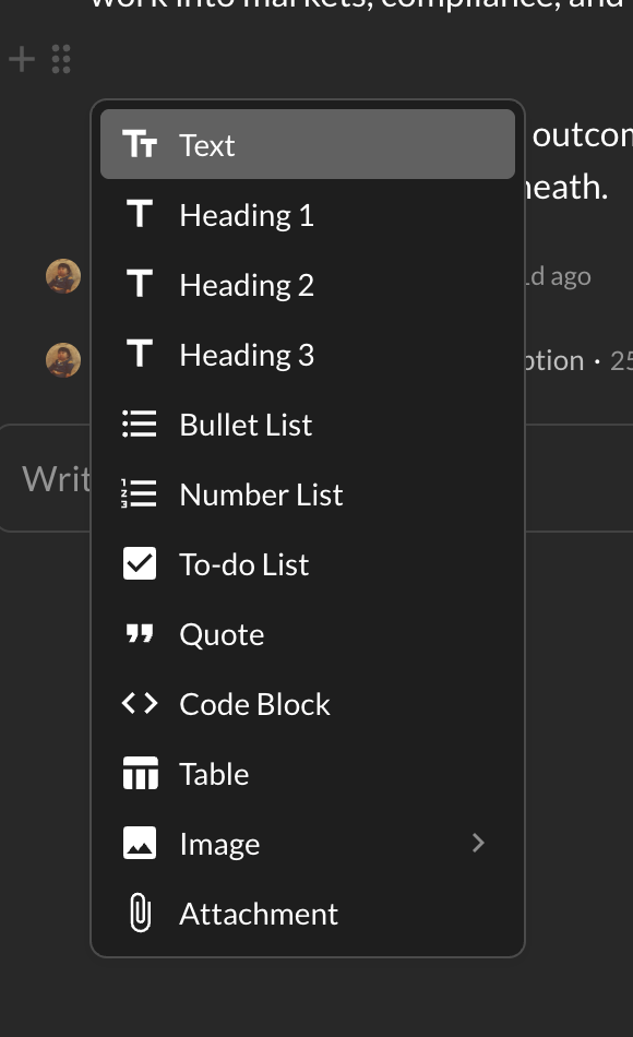 Slash menu in the description editor showing block types such as headings and lists