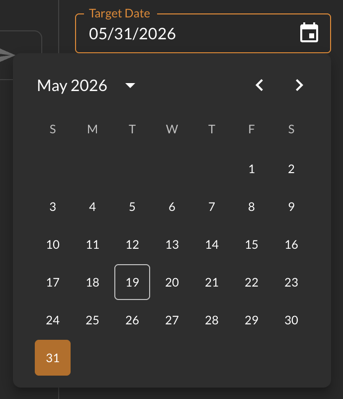 Target Date field with calendar open in the card detail pane