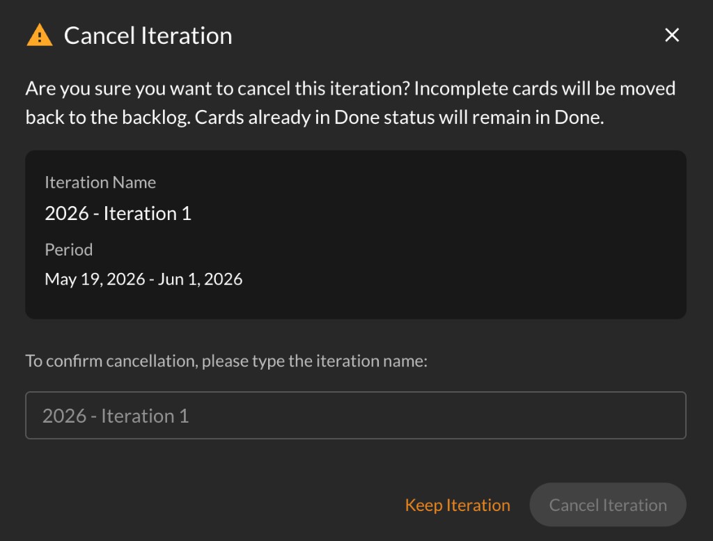 Cancel Iteration confirmation dialog with iteration name typed to confirm