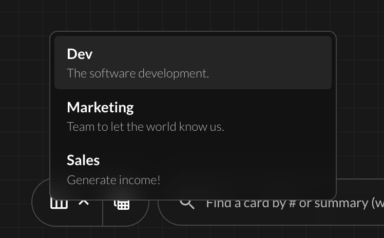 Progress Boards dropdown on the canvas toolbar listing Dev, Marketing, and Sales